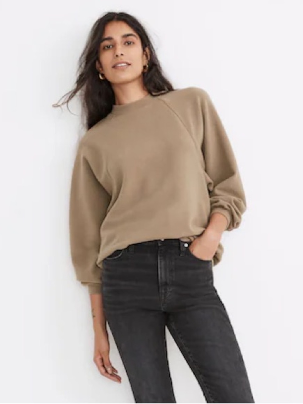Madewell Button-Back Mockneck Top Pullover Sweatshirt Surplus Olive XS $82